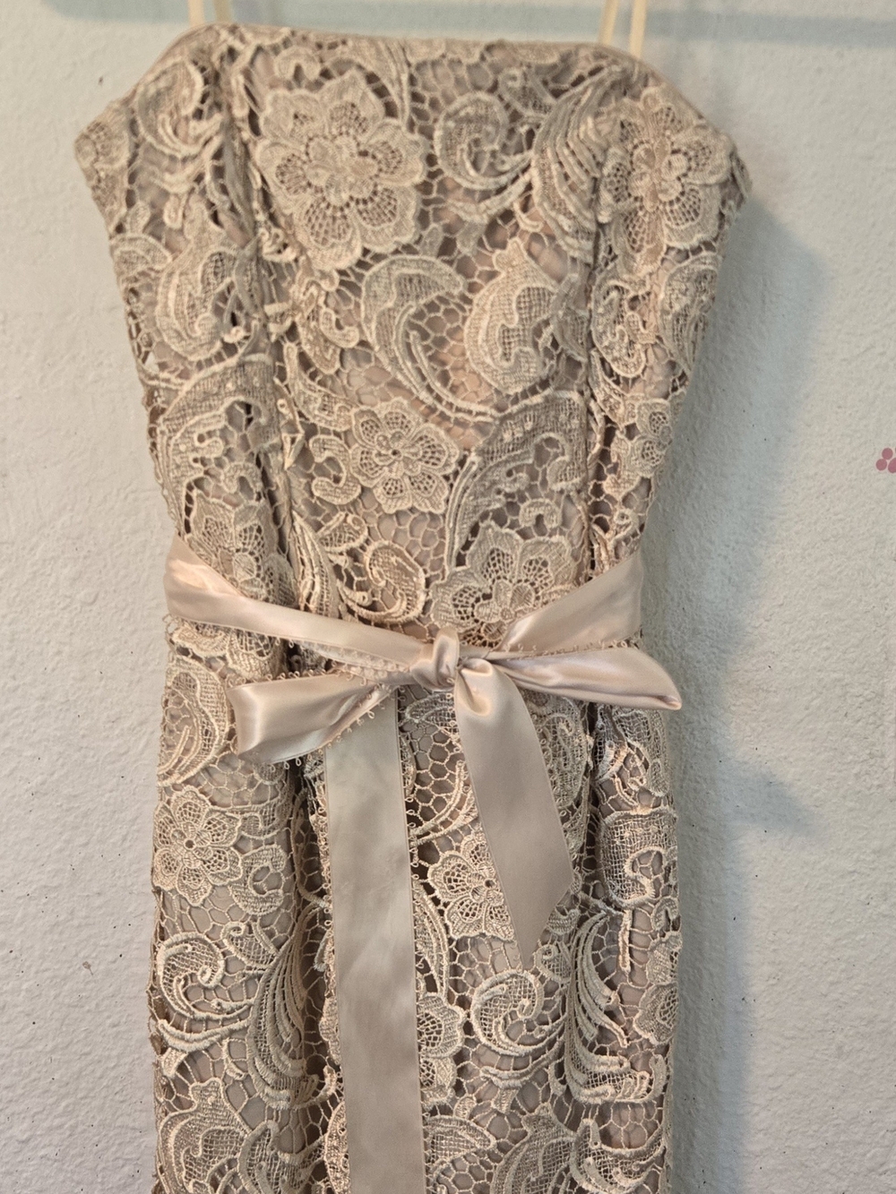 Cachè Strapless Lace Cocktail Dress with Satin Waist Tie - Blush
